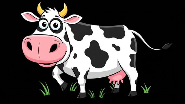 Cheerful Cartoon Dairy Cow Standing and Smiling on Isolated Black Background with Green Grass