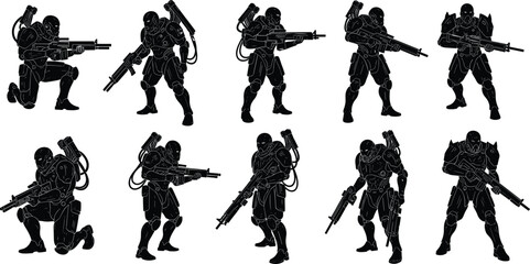 Futuristic armored soldier silhouette set with sci fi combat troopers holding rifles, science fiction military character collection © Sujoy