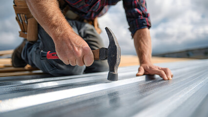 Ultra-realistic angle from roof edge showing men&rsquo;s hands in black gloves guiding long screw with yellow cordless drill into overlapping roofing sheets