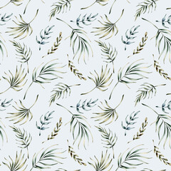Tropical Leaves Seamless Pattern. Palm branch Watercolor floral hand painted isolated illustration on blue background