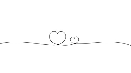 一筆書きのハートの線画。一本の黒い糸が大小2つの寄り添うハートを紡ぐデザイン。家族愛や恋愛を表現したシンボル背景。編集可能なベクター素材