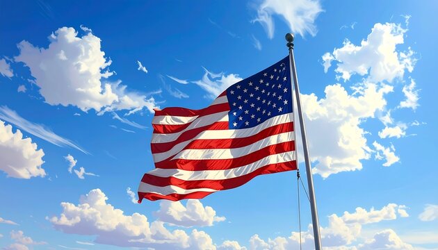 A majestic American flag waving in a clear blue sky