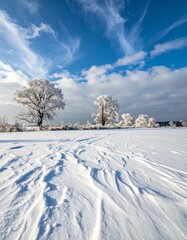 Fototapeta premium Winter Wonderland - A Stunning Landscape of Snow-Covered Fields and Trees Under a Bright Blue Sky.
