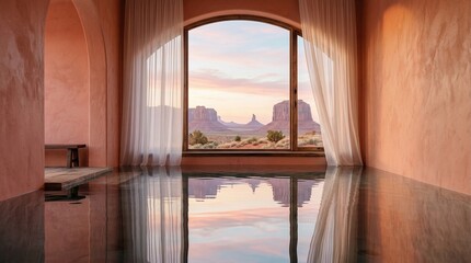 Luxury Desert Villa Interior with Arched Window and Scenic Mountain View Reflection