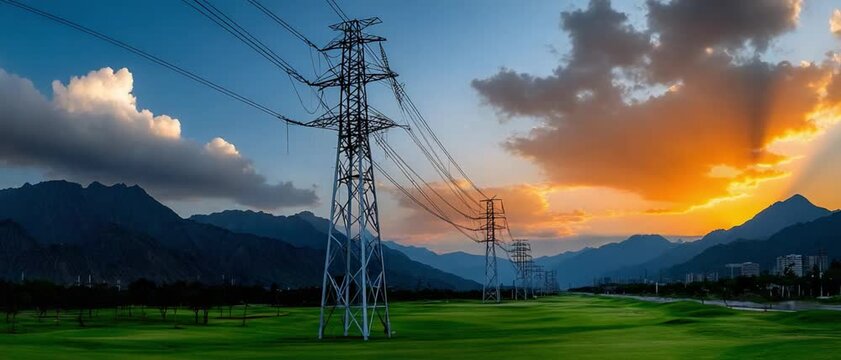 Power Lines at Sunset: Majestic power lines reach across a vibrant sunset sky, stretching over a rolling green landscape and distant mountains.