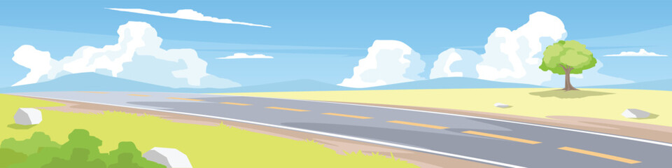 Landscape view of asphalt road on hills. Bright sunlight shines on vast meadows on the hillside. A solitary tree stands among the trees. The backdrop is a mountain range under a clear, cloudy sky. © thongchainak