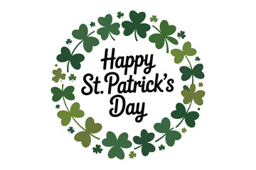 A St. Patrick's Day wreath with green clovers and happy text