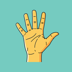 Obraz premium Open hand showing five fingers, palm side, yellow skin, isolated on teal background