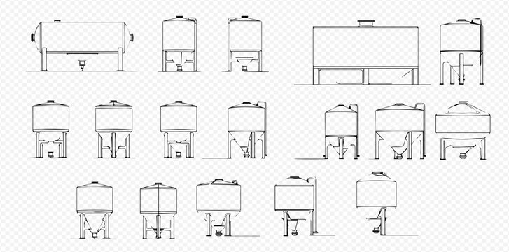 Set of various industrial storage tanks and containers, hand-drawn vector illustrations for manufacturing and processing facilities.