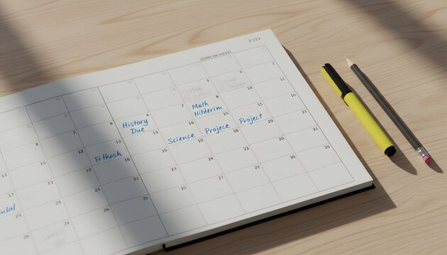 Top view of a clean school calendar filled with important assignments and project deadlines, symbolizing the concept of structured learning.