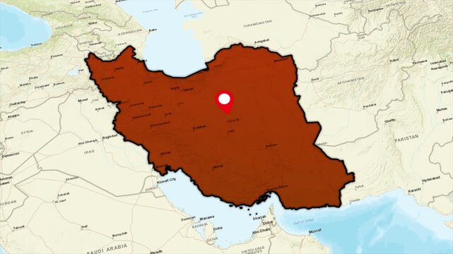 Iran map animation with location pin marker, highlighted country outline, Middle East geographic region infographic, political world map design