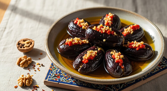 Stuffed Eggplants with Walnuts and Chili Paste. Traditional Mediterranean Appetizer on a Rustic Plate.