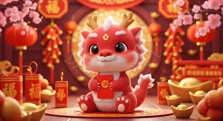 Adorable red dragon celebrating Lunar New Year amidst festive traditional decorations and symbols of prosperity
