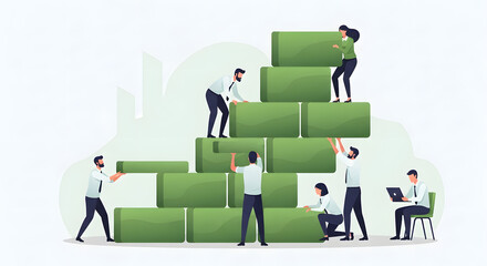 Fototapeta premium Diverse business team collaborating to construct a sturdy green block structure, symbolizing collective effort, strategic development, and achieving shared goals in a corporate environment