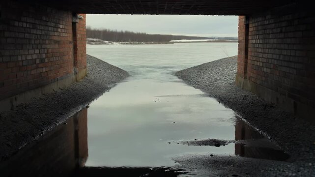 Dark drainage tunnel exit leading to a frozen winter landscape framed by reflective water brick walls and gravel banks.