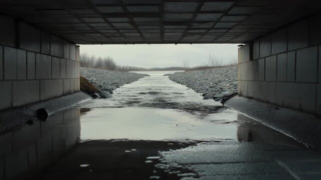 Water flowing out of a dark concrete culvert tunnel and into an open stream channel on an overcast day