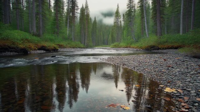 Serene forest stream reflecting tall pine trees in deep wilderness surrounded by dense green taiga landscape on a misty morning