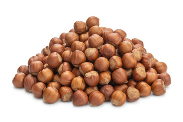 Pile of hazelnuts with brown shells on white heap