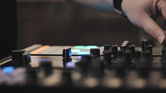 Sound engineer used digital audio mixer Sliders Engineer presses key Control panel Recording studio technician, dj mixing music