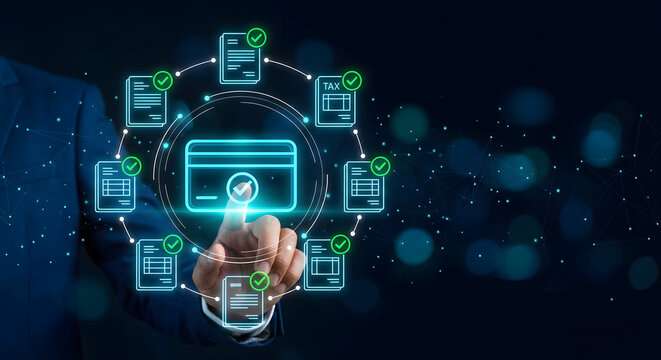 businessman using digital interface for secure online payment processing credit card authentication tax compliance and electronic document management system in modern corporate fintech office