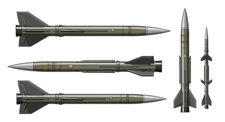 Set of military missiles with camouflage pattern on white background.