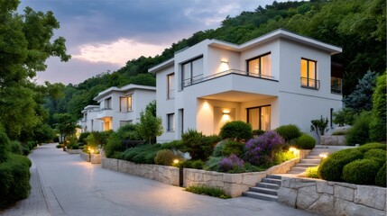 Fototapeta premium Modern villas in luxury residential complex at sunset