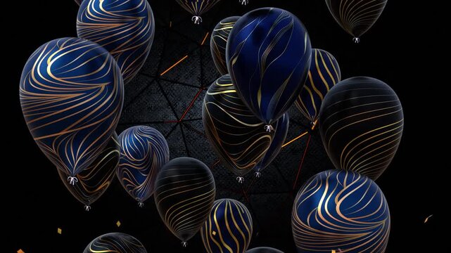 Birthday, holiday celebration or congratulation video in dark luxury colors with balloons and confetti. Anniversary celebration