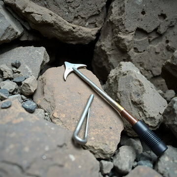 Geologist's rock pick tool resting on natural rocks within an abandoned chromite mine, highlighting exploration efficiency
