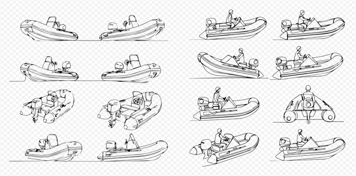 Set of hand-drawn inflatable motorboats in various perspectives, perfect for nautical designs and illustrations.