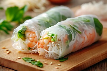 Two fresh Vietnamese spring rolls with shrimp on a wooden board