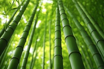 Obraz premium Upward view of vibrant green bamboo stalks in a serene forest