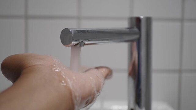 Close up shot of hand washing with water from automatic faucet with sensor in bathroom sink, hygiene concept