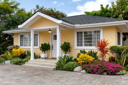 Front exterior yellow house with lush garden and paved driveway