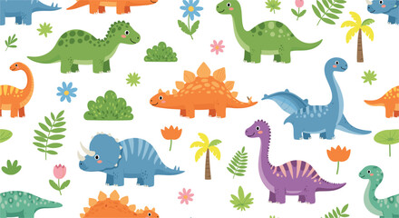 Cute Cartoon Dinosaur Pattern with Colorful Prehistoric Animals and Tropical Plants Illustration © MSTRazia