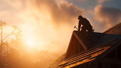 Ultra-realistic wide roofing scene of artisan roofer in autumn light folding valley flashing with large flat-grip pliers