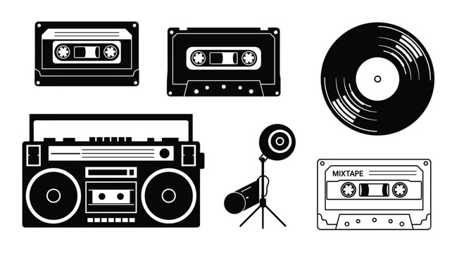 A collection of vintage music equipment and media including a boombox microphones cassette tapes and a vinyl record, Generative AI