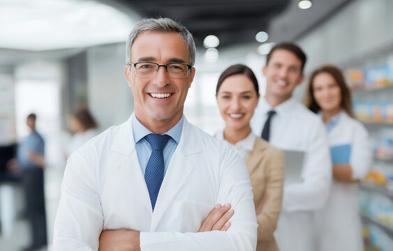 Confident male doctor in white lab coat with team in background pharmacy setting smiling
