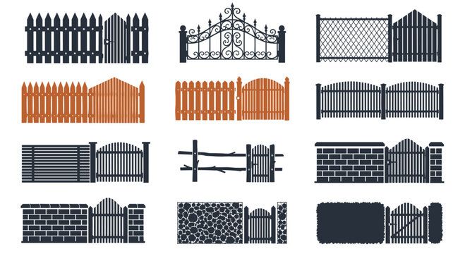 Collection of various fence designs and gates in different styles and materials, Generative AI