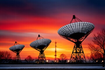 Radio telescropes capturing signals during colorful sunset