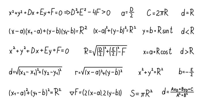 Geometry analytical circle set equations radius diameter center coordinate distance tangent secant parametric standard general discriminant condition vector area circumference
