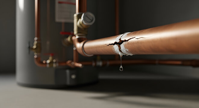 Frozen Burst Copper Pipe Leaking Water | Emergency Home Plumbing Repair | Damaged Water Heater Connection | Risk of Water Damage from Fractured Line | Residential Pipe Failure and Maintenance