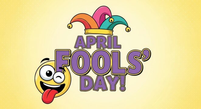 April fools day greeting with colorful jester hat and smiling face emoji on yellow background