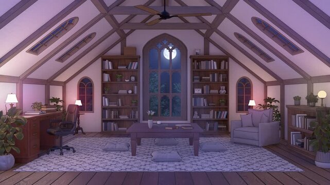 Cozy Moonlit Attic Room with Bookshelves and Study Desk, 4K Seamless Loop, Lo-fi Aesthetic Background