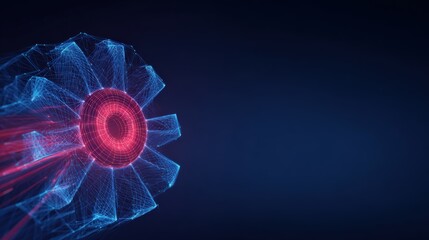 Obraz premium A futuristic gear with a red core glows amidst a digital mesh on a navy-blue backdrop, embodying cutting-edge technological prowess. ..Created with Generative AI, not depicting real subjects.