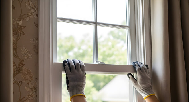 Homeowner installing double-hung window | Worker in safety gloves adjusting new sash window | DIY home renovation project | Residential window replacement and repair