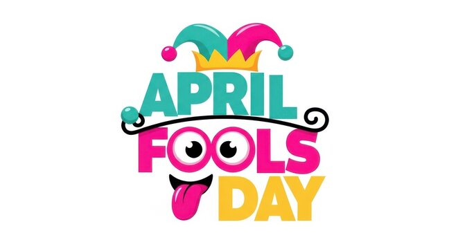 Colorful april fools day logo with jester hat and tongue on white background