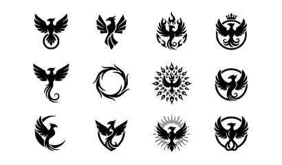 Obraz premium Phoenix Bird Silhouette Logo Set – Stylized Firebird Emblem Collection Vector Isolated on White