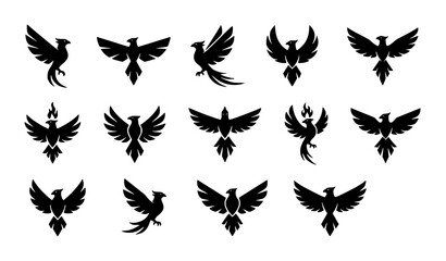 Fototapeta premium Modern Geometric Phoenix Bird Silhouette Set – Minimal Fire Logo Vector Collection