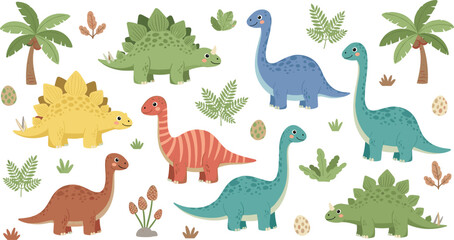 Cute Cartoon Dinosaur Collection with Stegosaurus and Brontosaurus in Prehistoric Jungle Nature Scene © MSTRazia