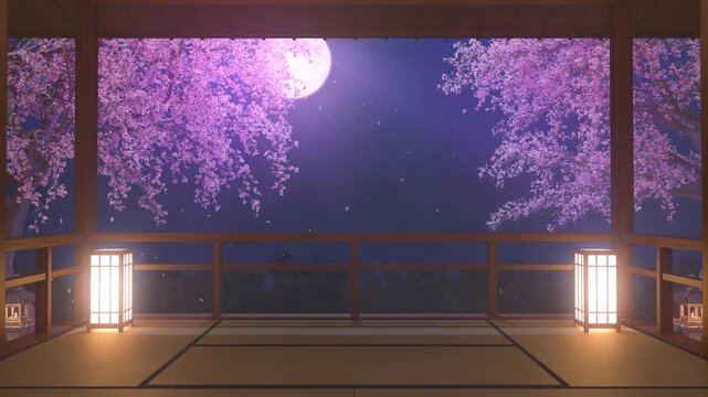 Fantasy Night Cherry Blossoms and Full Moon Background, 4K Seamless Loop, Sakura Petals Falling with Copy Space